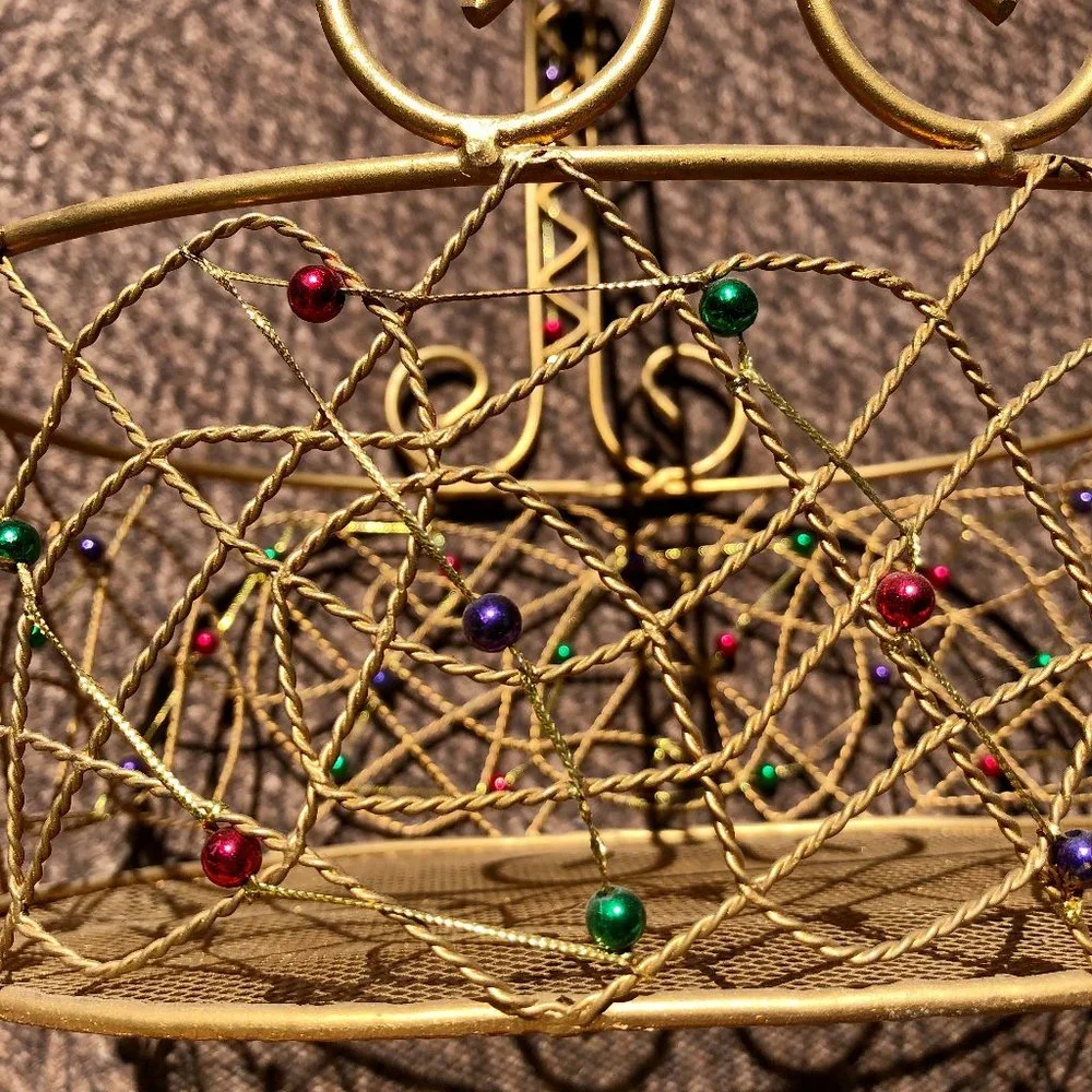 Pier 1 Gold Wired Red Green Purple Beads Tray Basket Storage Decor 11' x 9